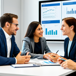 A diverse group of professional business people in modest business attire, fully clothed, appropriate dress, collaborating in a bright, modern office workshop setting. They are engaged in a lively discussion around a table, looking at a large screen displaying diagrams related to ESG and sustainability initiatives. Some are taking notes, others are actively participating in the conversation. The atmosphere is positive and collaborative. safe for work, appropriate content, fully clothed, professional, perfect anatomy, correct proportions, natural pose, well-formed hands, proper finger count, professional photography, high quality, realistic, family-friendly.