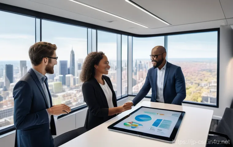 사회적 책임 경영 분야별 연봉 분석 - Prompt 1: ESG and Sustainability Consultants in a Modern Office**