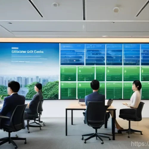 사회적 책임 경영 교육 과정 리뷰 - **Prompt:** A group of diverse Japanese business professionals, men and women in smart business atti...