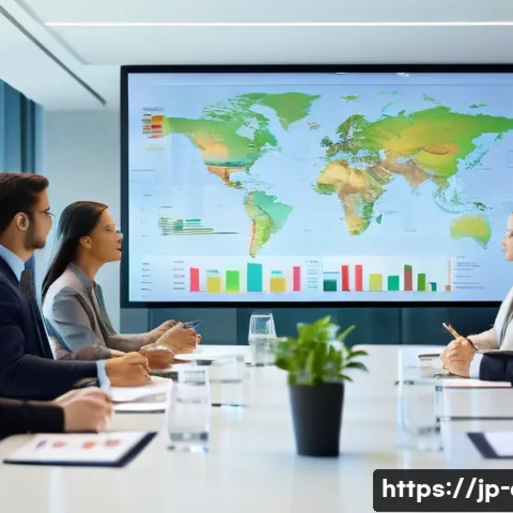 사회적 책임 경영과 관련된 직업 윤리 사례 - A modern corporate meeting room filled with diverse professionals in business attire, engaged in a t...