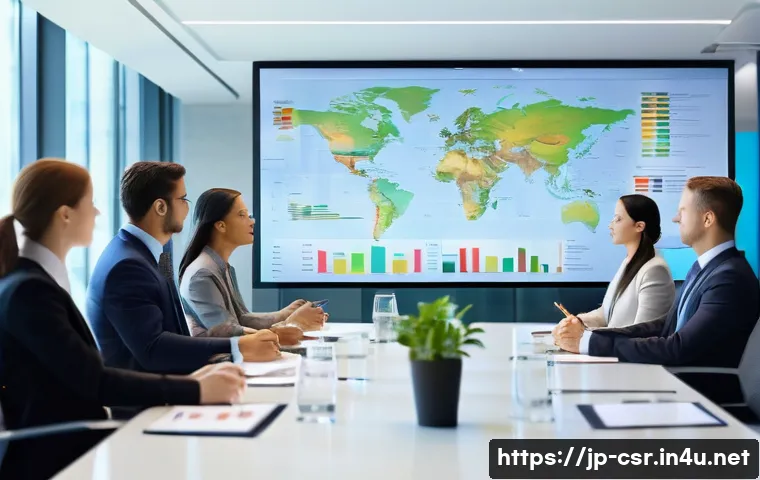 사회적 책임 경영과 관련된 직업 윤리 사례 - A modern corporate meeting room filled with diverse professionals in business attire, engaged in a t...