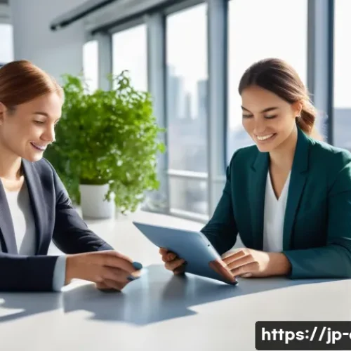 사회적 책임 경영과 기업의 사회적 가치 창출 - A modern corporate office environment focused on sustainability, showing diverse employees collabora...