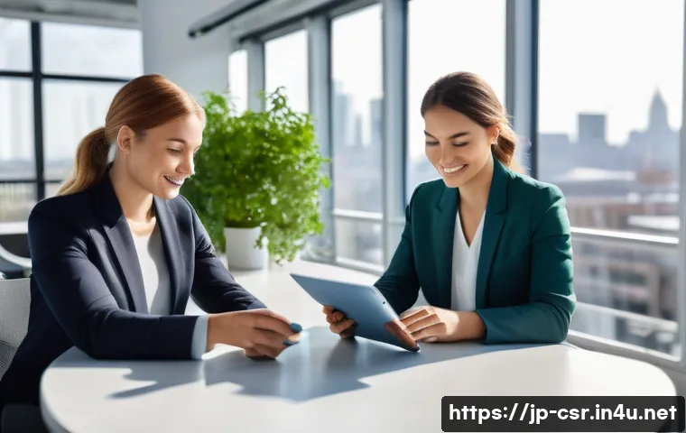 사회적 책임 경영과 기업의 사회적 가치 창출 - A modern corporate office environment focused on sustainability, showing diverse employees collabora...