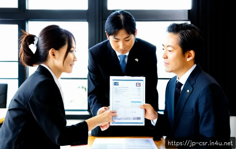 사회적 책임 경영 자격증의 필요성 - Photorealistic Japanese corporate professional reviewing sustainability documents with a diverse sma...